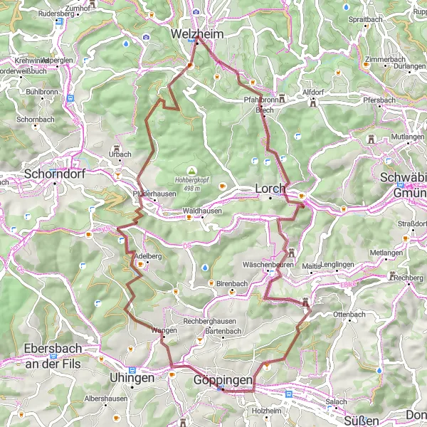 Map miniature of "Welzheim Gravel Exploration" cycling inspiration in Stuttgart, Germany. Generated by Tarmacs.app cycling route planner