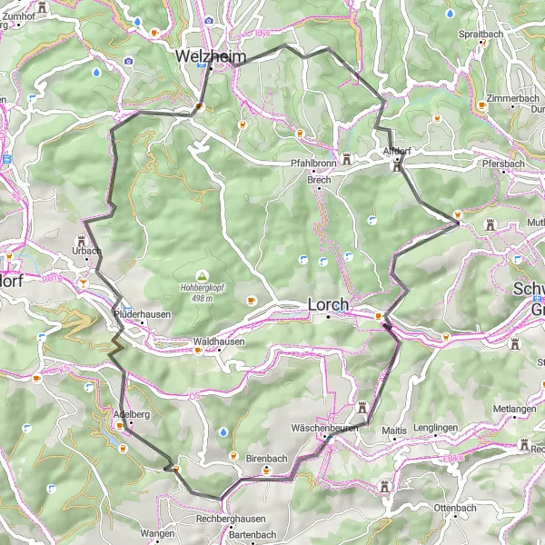 Map miniature of "The Urbach Loop" cycling inspiration in Stuttgart, Germany. Generated by Tarmacs.app cycling route planner