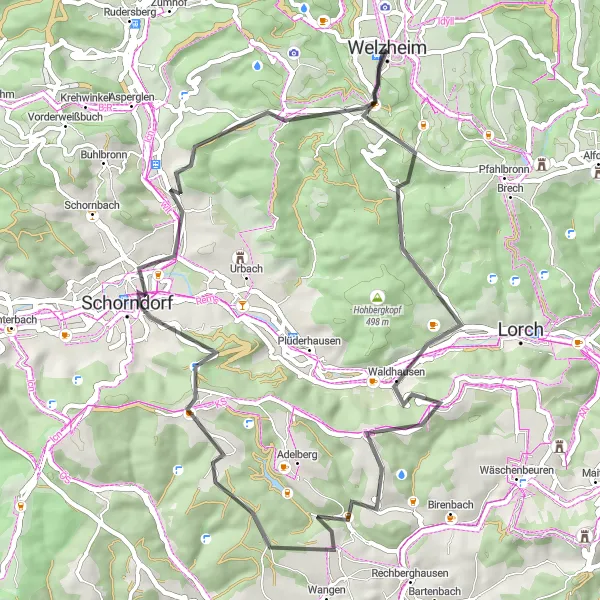 Map miniature of "Welzheim Loop" cycling inspiration in Stuttgart, Germany. Generated by Tarmacs.app cycling route planner