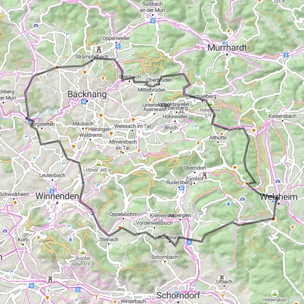 Karten-Miniaturansicht der Radinspiration "Malersiche Route durch schöne Dörfer" in Stuttgart, Germany. Erstellt vom Tarmacs.app-Routenplaner für Radtouren