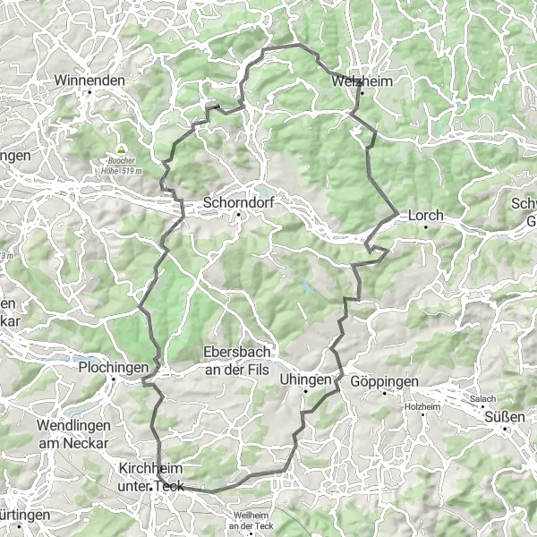 Map miniature of "The Stuttgart Hills Loop" cycling inspiration in Stuttgart, Germany. Generated by Tarmacs.app cycling route planner