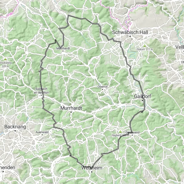 Map miniature of "Welzheim to Kleinkastell Rötelsee" cycling inspiration in Stuttgart, Germany. Generated by Tarmacs.app cycling route planner