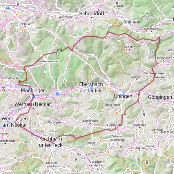 Map miniature of "Plochingen Nature Gravel Loop" cycling inspiration in Stuttgart, Germany. Generated by Tarmacs.app cycling route planner