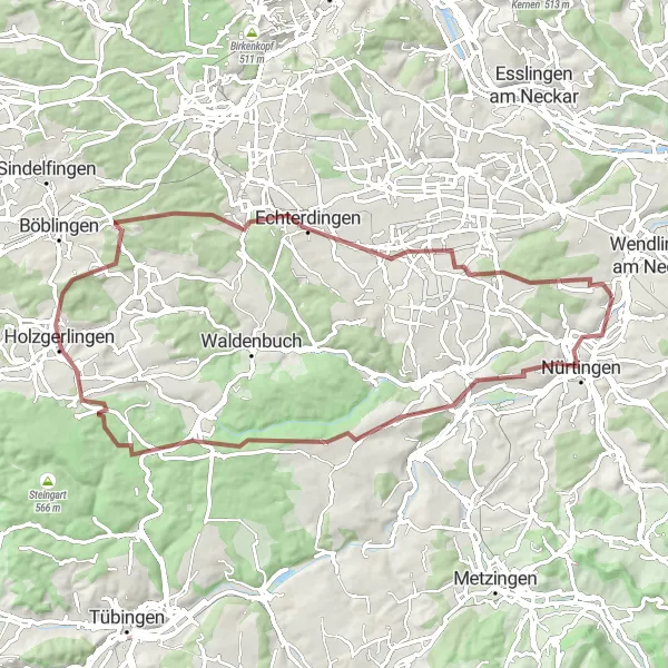 Map miniature of "Hochen Panorama Gravel Loop" cycling inspiration in Stuttgart, Germany. Generated by Tarmacs.app cycling route planner