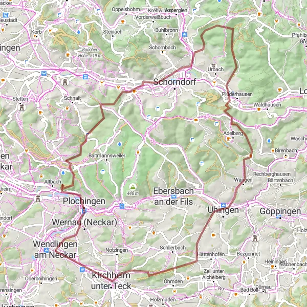 Map miniature of "The Ultimate Gravel Adventure near Plochingen" cycling inspiration in Stuttgart, Germany. Generated by Tarmacs.app cycling route planner