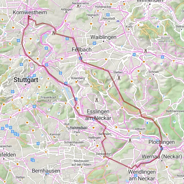 Karten-Miniaturansicht der Radinspiration "Erleben Sie die Vielfalt der Region Stuttgart auf dieser 66 km langen Gravel-Strecke" in Stuttgart, Germany. Erstellt vom Tarmacs.app-Routenplaner für Radtouren