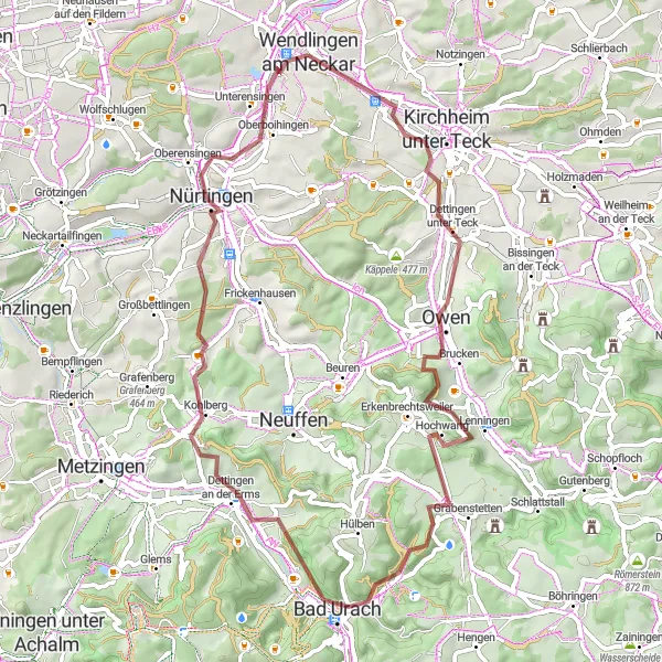 Map miniature of "The Gravel Adventure to Kirchheim unter Teck" cycling inspiration in Stuttgart, Germany. Generated by Tarmacs.app cycling route planner