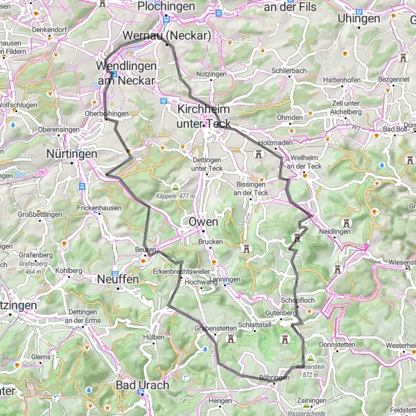 Map miniature of "The Hidden Gems of Holzmaden" cycling inspiration in Stuttgart, Germany. Generated by Tarmacs.app cycling route planner
