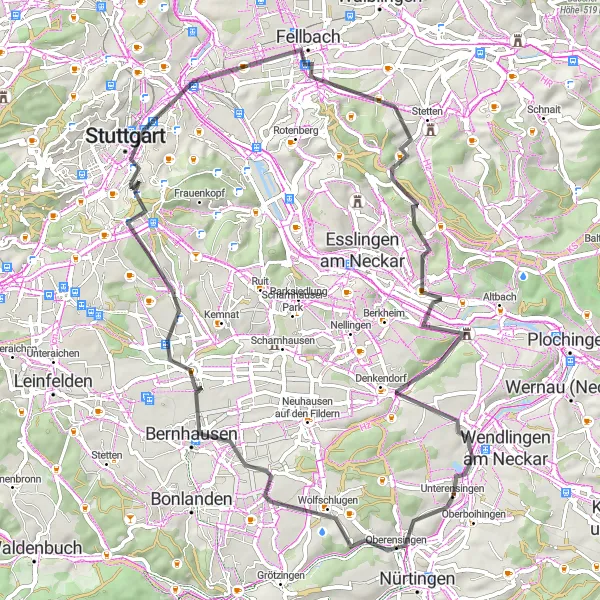 Map miniature of "The Wolfschlugen Loop" cycling inspiration in Stuttgart, Germany. Generated by Tarmacs.app cycling route planner
