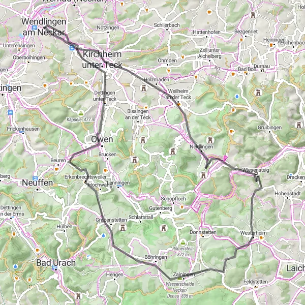 Map miniature of "The Neckar Valley" cycling inspiration in Stuttgart, Germany. Generated by Tarmacs.app cycling route planner