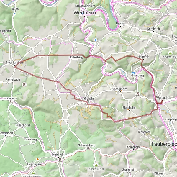 Map miniature of "Around Werbach - Gravel Adventure" cycling inspiration in Stuttgart, Germany. Generated by Tarmacs.app cycling route planner