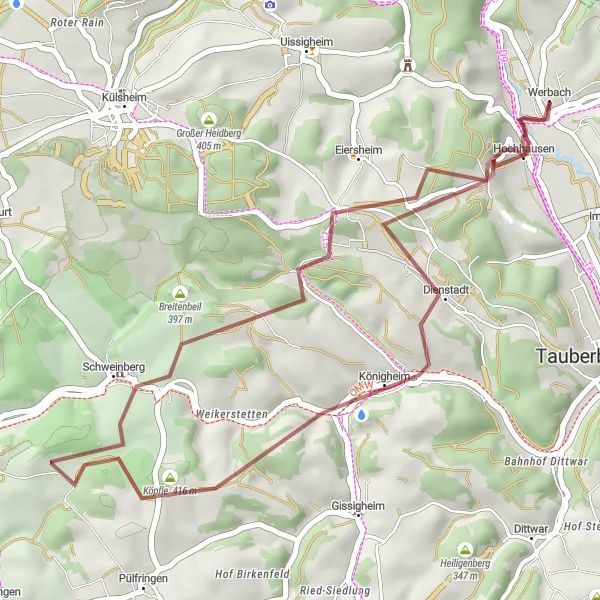 Map miniature of "Werbach Gravel Adventure" cycling inspiration in Stuttgart, Germany. Generated by Tarmacs.app cycling route planner