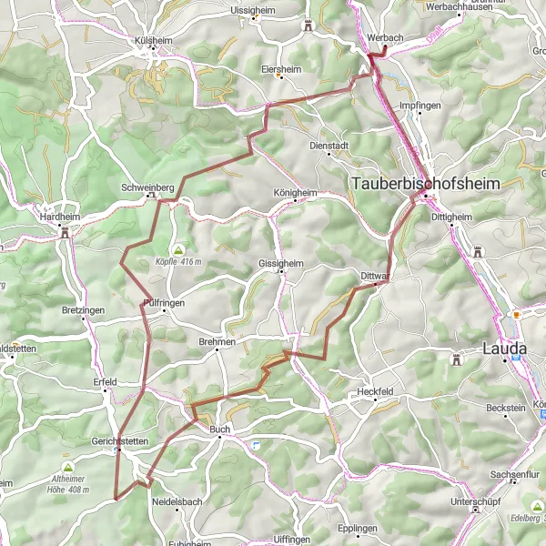 Map miniature of "Werbach Scenic Gravel Tour" cycling inspiration in Stuttgart, Germany. Generated by Tarmacs.app cycling route planner