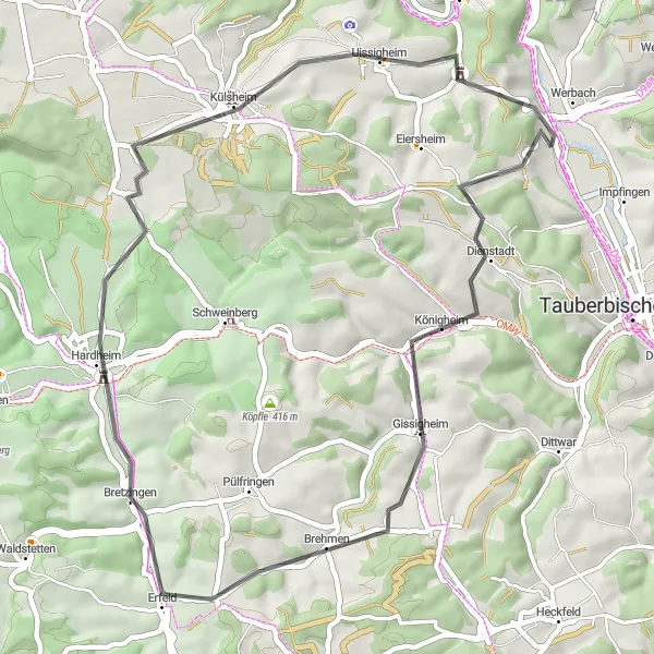 Map miniature of "Werbach Road Experience" cycling inspiration in Stuttgart, Germany. Generated by Tarmacs.app cycling route planner