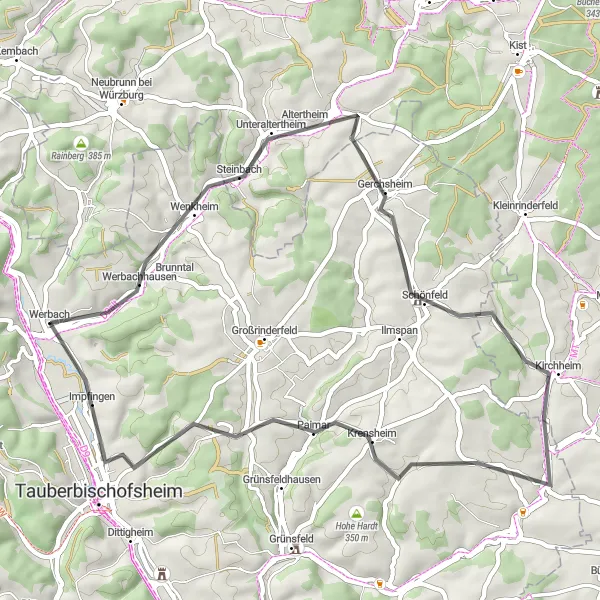 Map miniature of "Werbach Highlights" cycling inspiration in Stuttgart, Germany. Generated by Tarmacs.app cycling route planner