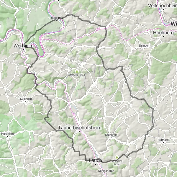 Karten-Miniaturansicht der Radinspiration "Road-Tour durch die Weinberge um Wertheim" in Stuttgart, Germany. Erstellt vom Tarmacs.app-Routenplaner für Radtouren