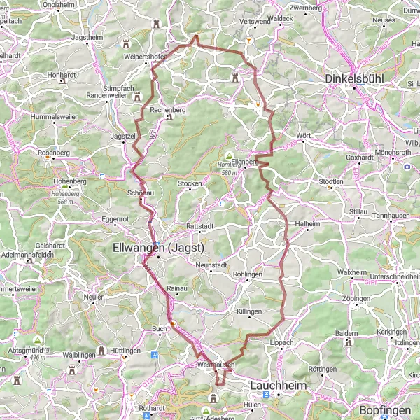 Karten-Miniaturansicht der Radinspiration "Gravel-Tour durch Jagstzell und Wäldershub" in Stuttgart, Germany. Erstellt vom Tarmacs.app-Routenplaner für Radtouren