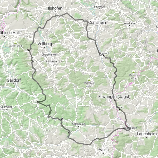 Karten-Miniaturansicht der Radinspiration "Rundfahrt um Westhausen" in Stuttgart, Germany. Erstellt vom Tarmacs.app-Routenplaner für Radtouren