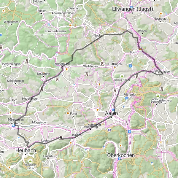 Karten-Miniaturansicht der Radinspiration "Radtour durch Abtsgmünd und Böbingen" in Stuttgart, Germany. Erstellt vom Tarmacs.app-Routenplaner für Radtouren