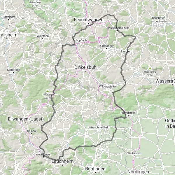 Karten-Miniaturansicht der Radinspiration "Durch die Hügel von Langfurth" in Stuttgart, Germany. Erstellt vom Tarmacs.app-Routenplaner für Radtouren