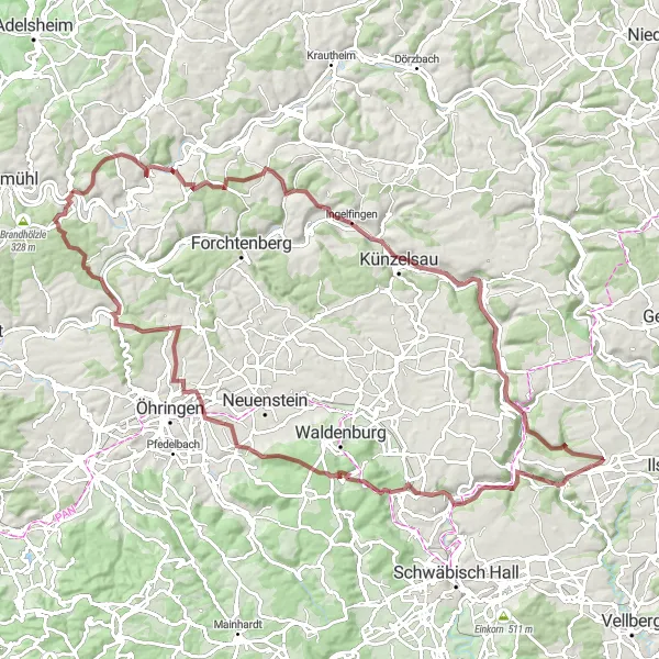 Karten-Miniaturansicht der Radinspiration "Gravel-Abenteuer um Widdern" in Stuttgart, Germany. Erstellt vom Tarmacs.app-Routenplaner für Radtouren