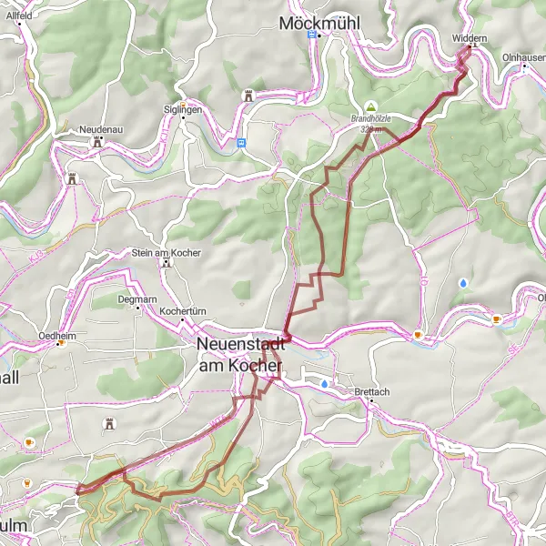 Karten-Miniaturansicht der Radinspiration "Gravelabenteuer um Widdern" in Stuttgart, Germany. Erstellt vom Tarmacs.app-Routenplaner für Radtouren