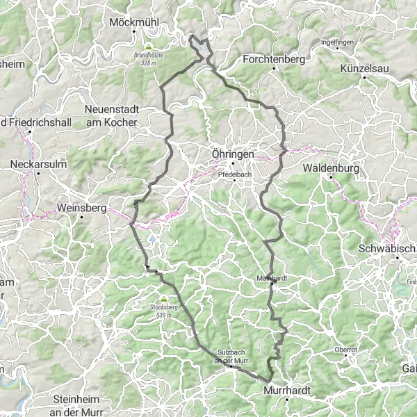Karten-Miniaturansicht der Radinspiration "Road-Tour um Widdern" in Stuttgart, Germany. Erstellt vom Tarmacs.app-Routenplaner für Radtouren