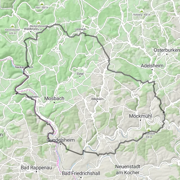Karten-Miniaturansicht der Radinspiration "Historische Entdeckungen entlang der 101 km langen Rundfahrt um Widdern" in Stuttgart, Germany. Erstellt vom Tarmacs.app-Routenplaner für Radtouren