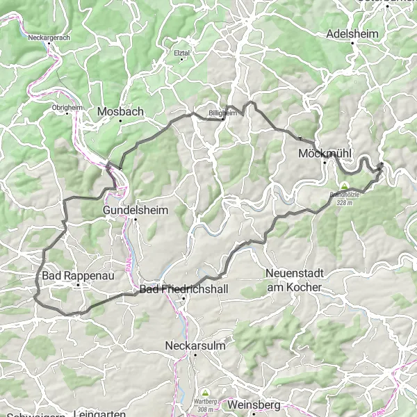 Karten-Miniaturansicht der Radinspiration "Rundfahrt um Widdern entlang malerischer Straßen" in Stuttgart, Germany. Erstellt vom Tarmacs.app-Routenplaner für Radtouren