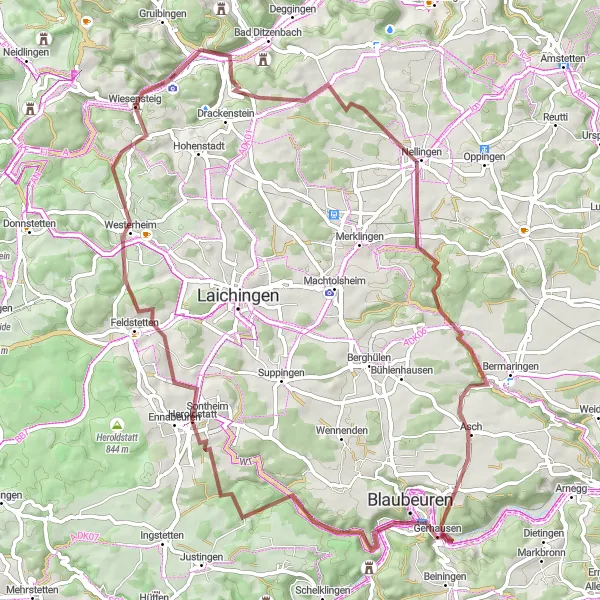 Map miniature of "Nellingen Gravel Loop" cycling inspiration in Stuttgart, Germany. Generated by Tarmacs.app cycling route planner