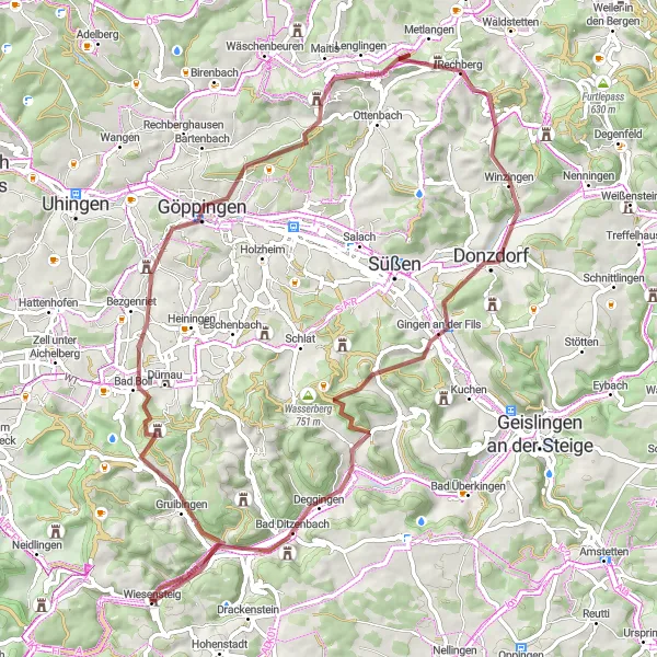 Map miniature of "Vineyards and Medieval Castles" cycling inspiration in Stuttgart, Germany. Generated by Tarmacs.app cycling route planner