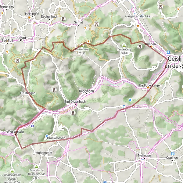 Map miniature of "Journey through Drackenstein" cycling inspiration in Stuttgart, Germany. Generated by Tarmacs.app cycling route planner