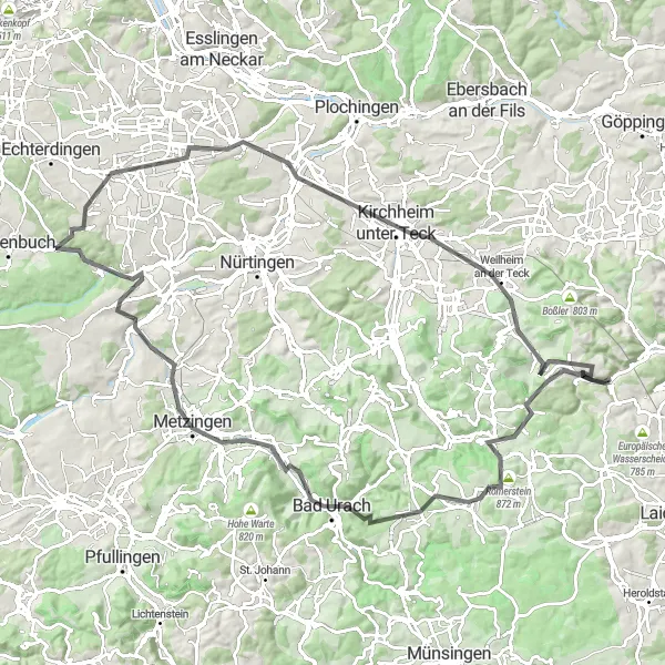 Map miniature of "Neidlinger Waterfall Loop" cycling inspiration in Stuttgart, Germany. Generated by Tarmacs.app cycling route planner