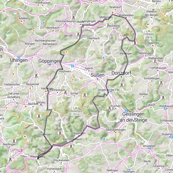 Map miniature of "Scenic Road Ride to Donzdorf" cycling inspiration in Stuttgart, Germany. Generated by Tarmacs.app cycling route planner