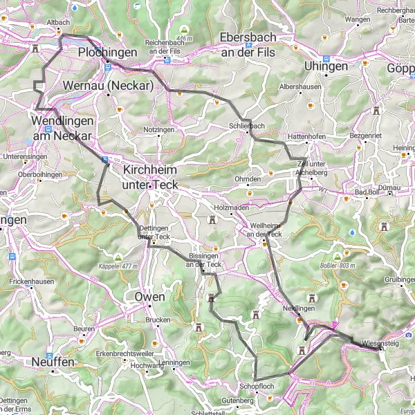 Map miniature of "Wiesensteig Rollercoaster" cycling inspiration in Stuttgart, Germany. Generated by Tarmacs.app cycling route planner