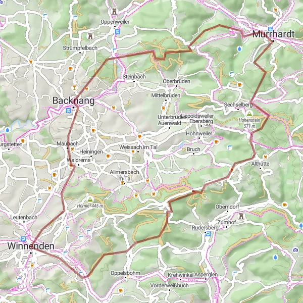 Map miniature of "Backnang and Althütte Route" cycling inspiration in Stuttgart, Germany. Generated by Tarmacs.app cycling route planner