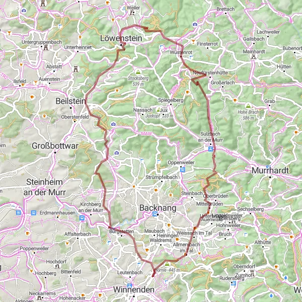 Map miniature of "Challenging Loops: Winnenden to Wüstenrot" cycling inspiration in Stuttgart, Germany. Generated by Tarmacs.app cycling route planner