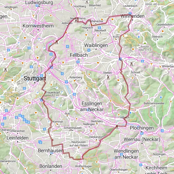 Map miniature of "The Gravel Adventure: Winnenden to Schwaikheim" cycling inspiration in Stuttgart, Germany. Generated by Tarmacs.app cycling route planner