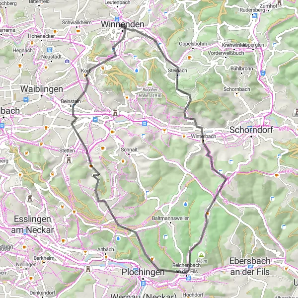Karten-Miniaturansicht der Radinspiration "Erkunde Winterbach und Korb auf einer 54 km langen Straßenradtour" in Stuttgart, Germany. Erstellt vom Tarmacs.app-Routenplaner für Radtouren