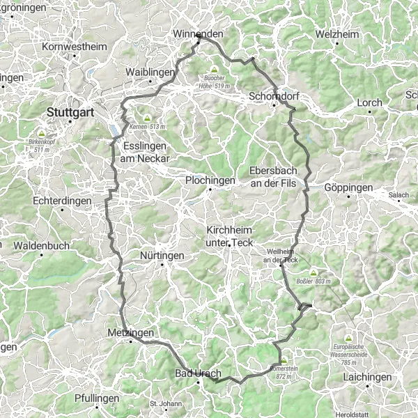 Map miniature of "The Ultimate Cycling Adventure: Winnenden to Weinberg" cycling inspiration in Stuttgart, Germany. Generated by Tarmacs.app cycling route planner