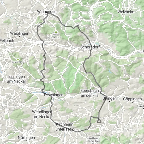 Karten-Miniaturansicht der Radinspiration "Radtour nach Kirchheim unter Teck" in Stuttgart, Germany. Erstellt vom Tarmacs.app-Routenplaner für Radtouren