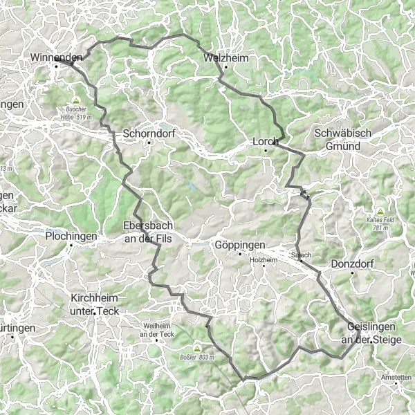 Map miniature of "Winnenden to Gruibingen Adventure" cycling inspiration in Stuttgart, Germany. Generated by Tarmacs.app cycling route planner