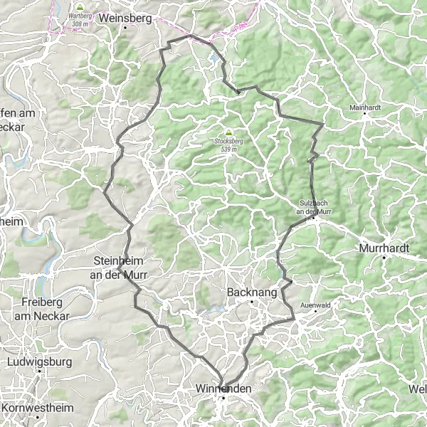 Map miniature of "Affalterbach and Oppenweiler Loop" cycling inspiration in Stuttgart, Germany. Generated by Tarmacs.app cycling route planner