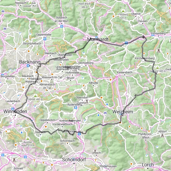 Karten-Miniaturansicht der Radinspiration "Rund um Winnenden und Welzheim auf der Straße" in Stuttgart, Germany. Erstellt vom Tarmacs.app-Routenplaner für Radtouren