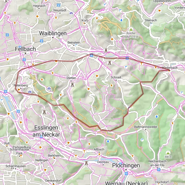 Map miniature of "Exploring Winterbach Countryside" cycling inspiration in Stuttgart, Germany. Generated by Tarmacs.app cycling route planner