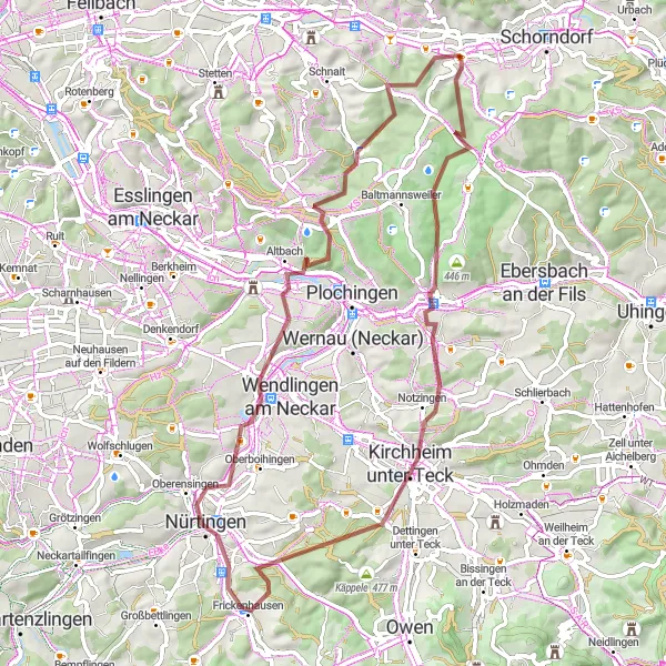 Map miniature of "The Fils Valley Gravel Adventure" cycling inspiration in Stuttgart, Germany. Generated by Tarmacs.app cycling route planner