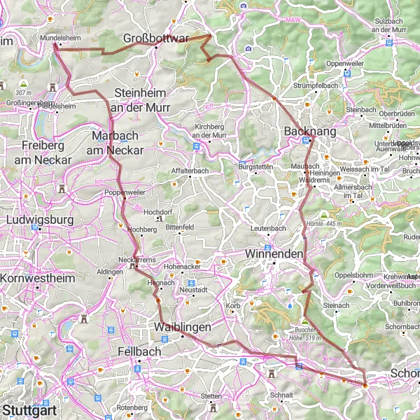 Karten-Miniaturansicht der Radinspiration "Abenteuer auf Schotterwegen" in Stuttgart, Germany. Erstellt vom Tarmacs.app-Routenplaner für Radtouren