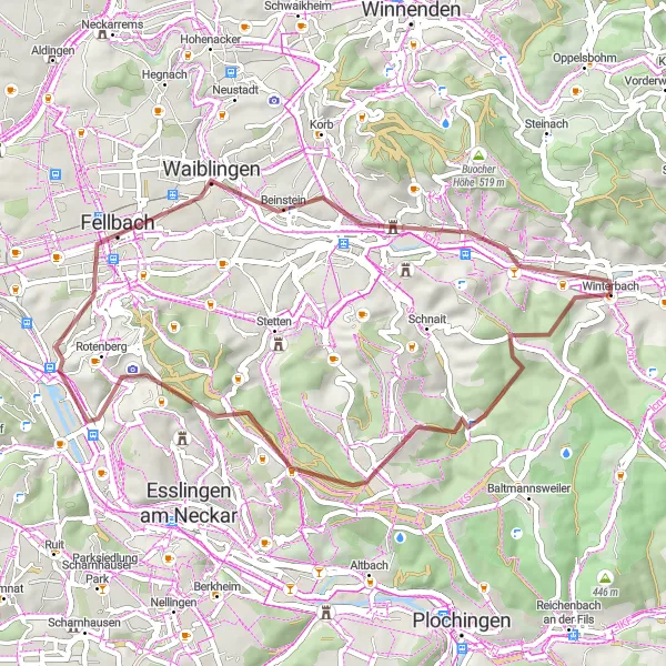 Karten-Miniaturansicht der Radinspiration "Abenteuer Gravelroute um Winterbach" in Stuttgart, Germany. Erstellt vom Tarmacs.app-Routenplaner für Radtouren