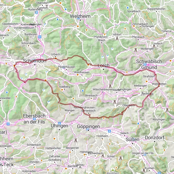 Karten-Miniaturansicht der Radinspiration "Rundweg ab Winterbach über Galgenberg und Rechberg" in Stuttgart, Germany. Erstellt vom Tarmacs.app-Routenplaner für Radtouren