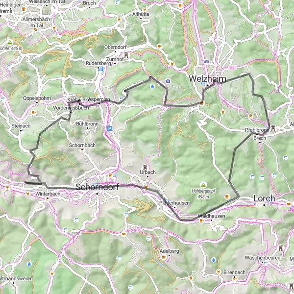 Karten-Miniaturansicht der Radinspiration "Über Höhen und Täler rund um Winterbach" in Stuttgart, Germany. Erstellt vom Tarmacs.app-Routenplaner für Radtouren